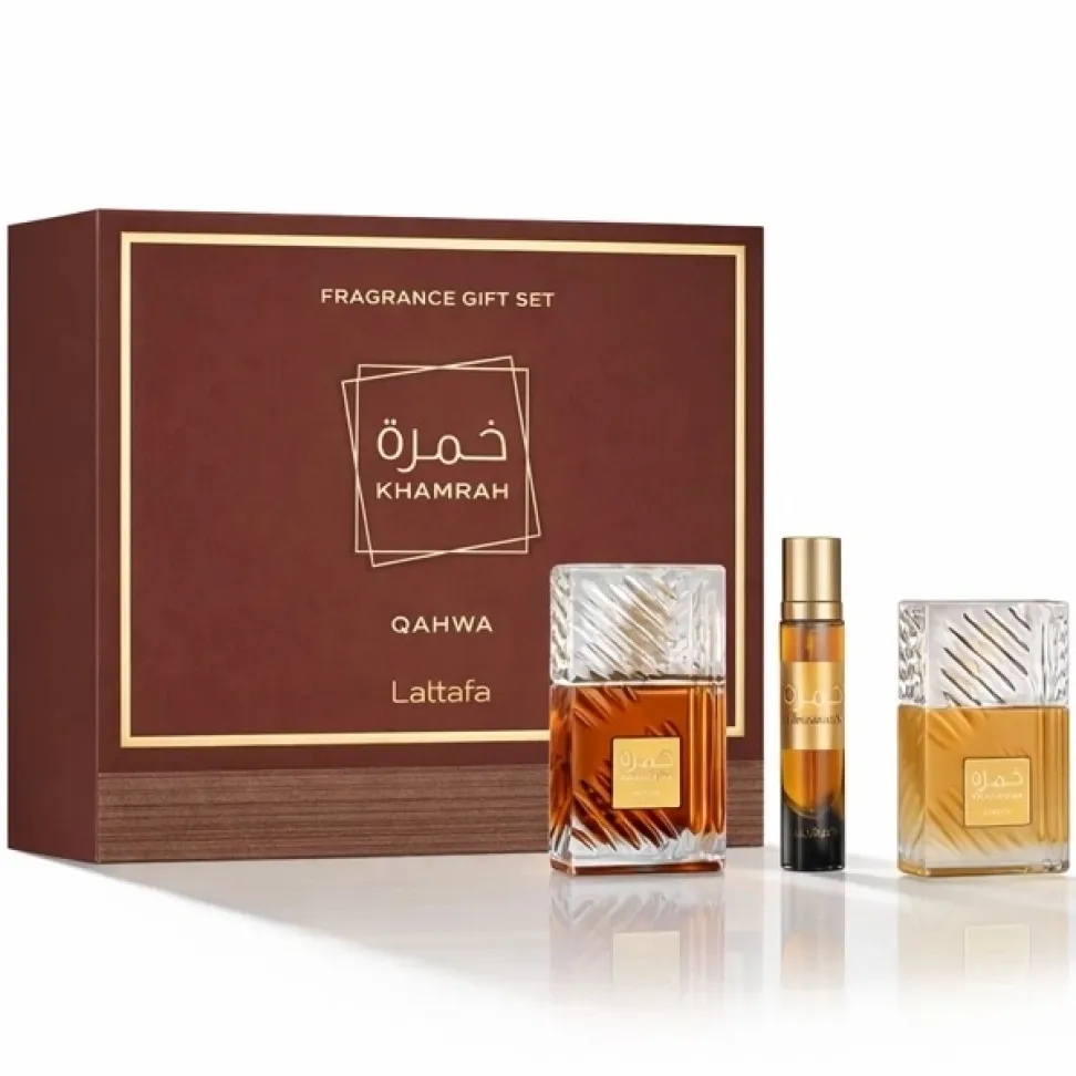 KIT ARABE LATTAFA KHAMRAH QAHWA 100ML + PERF. 12ML + CAPILAR 50ML
