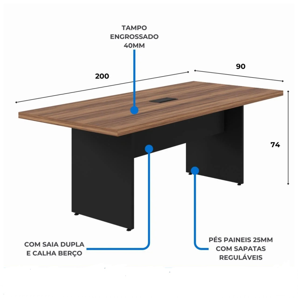 MESA DE REUNIÃO RETANGULAR 2,00 x 0,90 C/ CAIXA DE TOMADA NOGAL SEVILHA/PRETO - #2