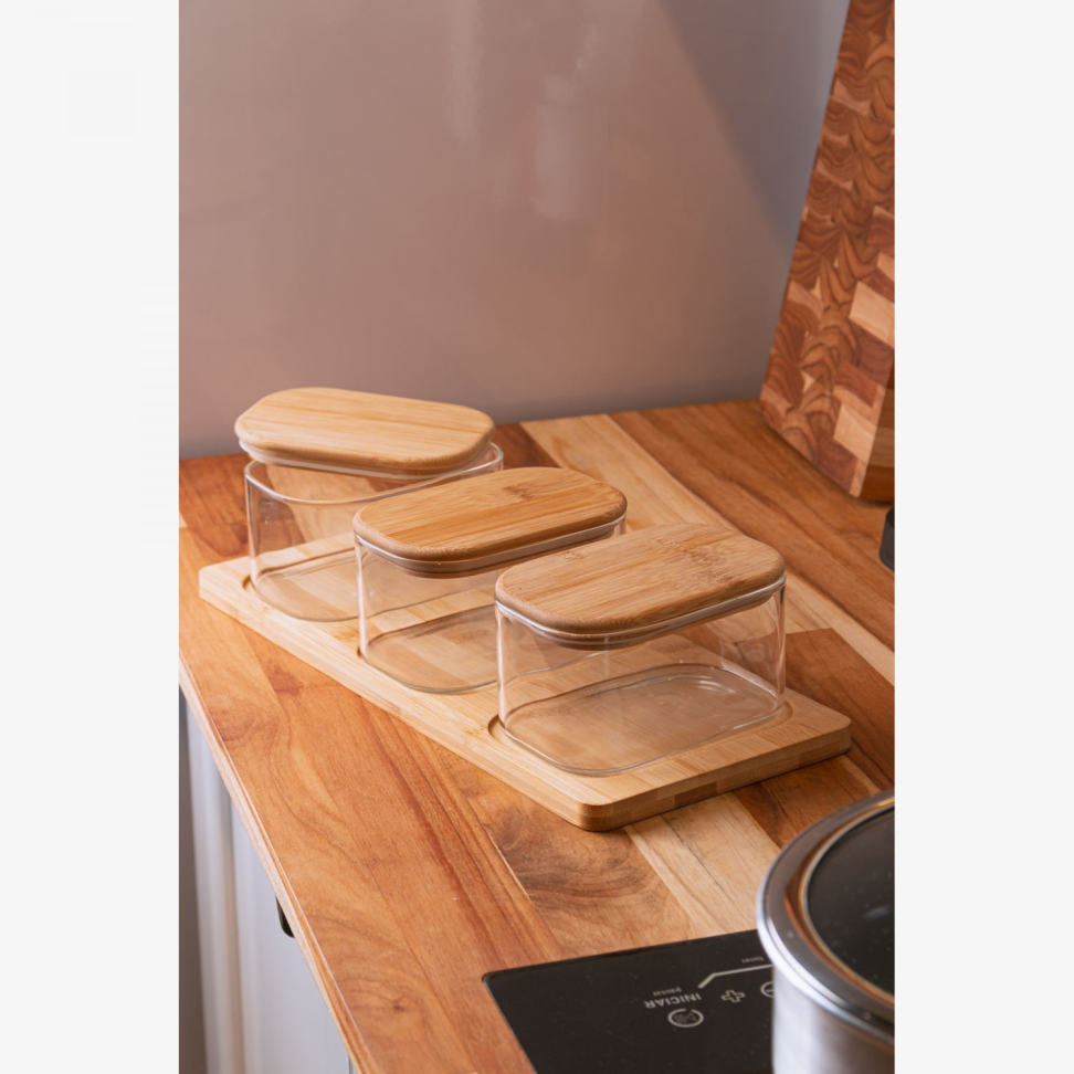 Conjunto de 3 potes de vidro e bambu