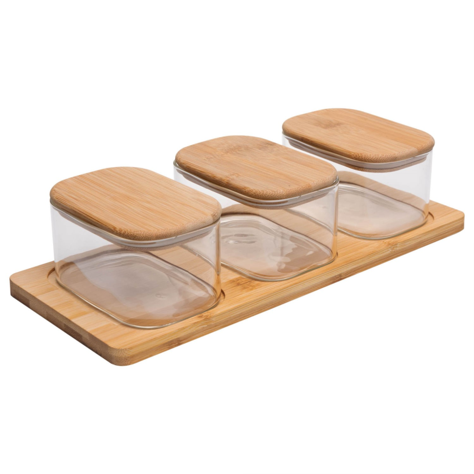 Conjunto de 3 potes de vidro e bambu