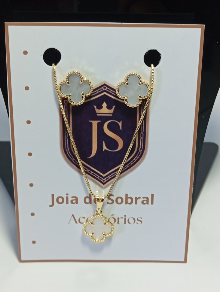 Conjunto Brinco, Corrente e Pingente Trevo Branco, banhados a ouro 18k - #4