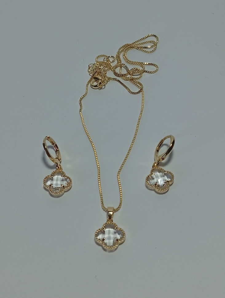 Conjunto de Trevo transparente, Corrente, Brinco e Pingente, Banhados a ouro 18k - #4