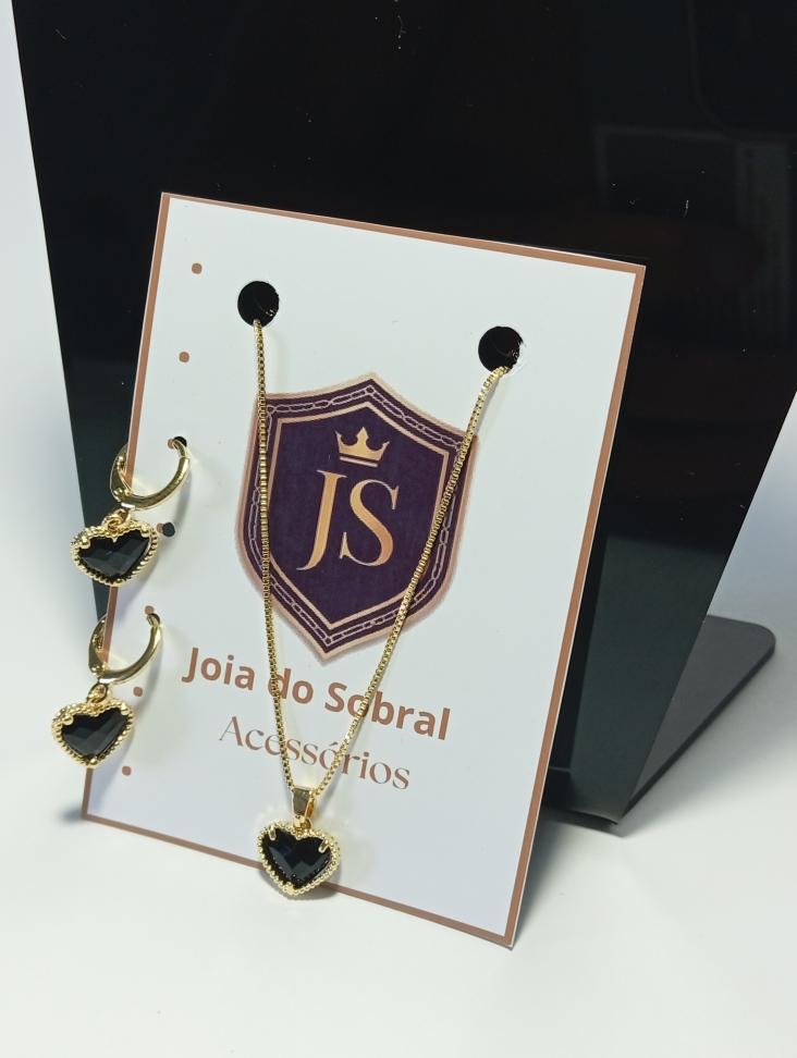 Conjunto Brinco, Corrente e Pingente coração preto, banhado a ouro 18k - #4