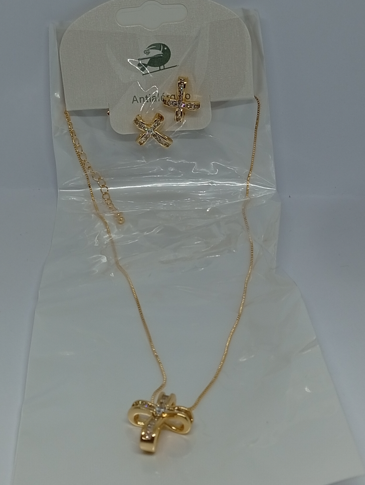 Conjunto crucifixo, corrente e brinco banhado a ouro. - #2