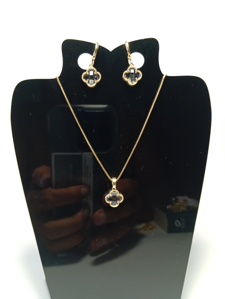 Conjunto Brinco, Corrente e Pingente coração preto, banhado a ouro 18k - #5