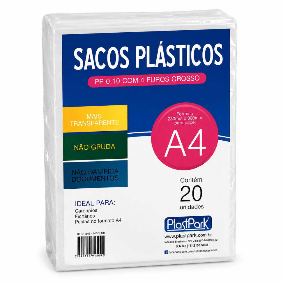 Saco Plástico Catálogo Plastpark A4 Grosso c/20 4 Furos