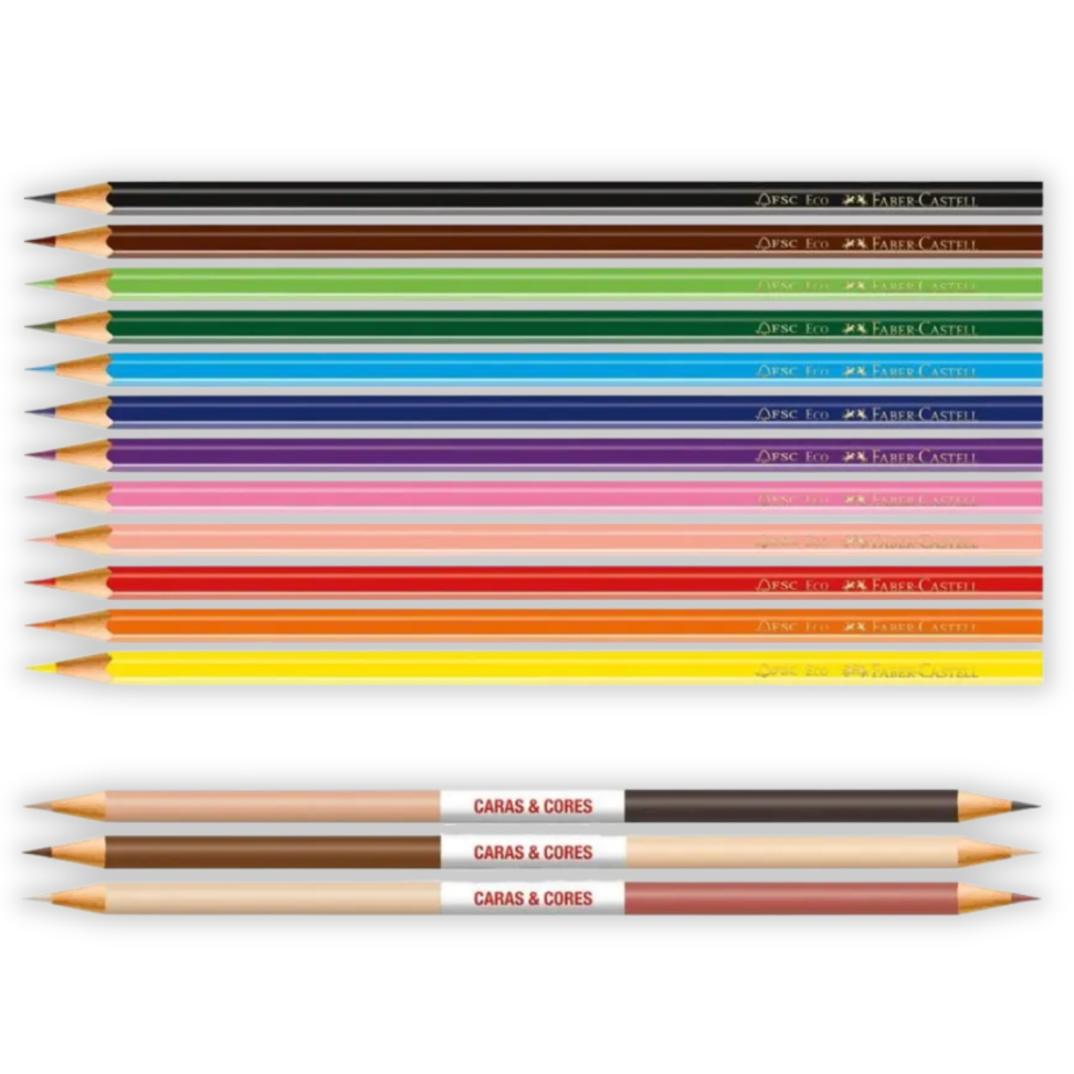 Lápis de Cor Eco 12 Cores + 3 Bicolores Tons de Pele Caras & Cores Faber-Castell