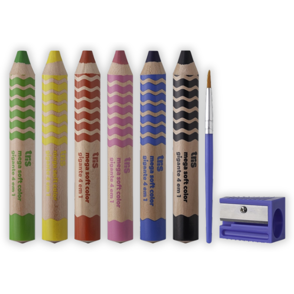 Lápis de Cor Gigante 6 Cores + 1 Pincel + 1 Apontador Jumbo Soft Color Mega Tris - #2