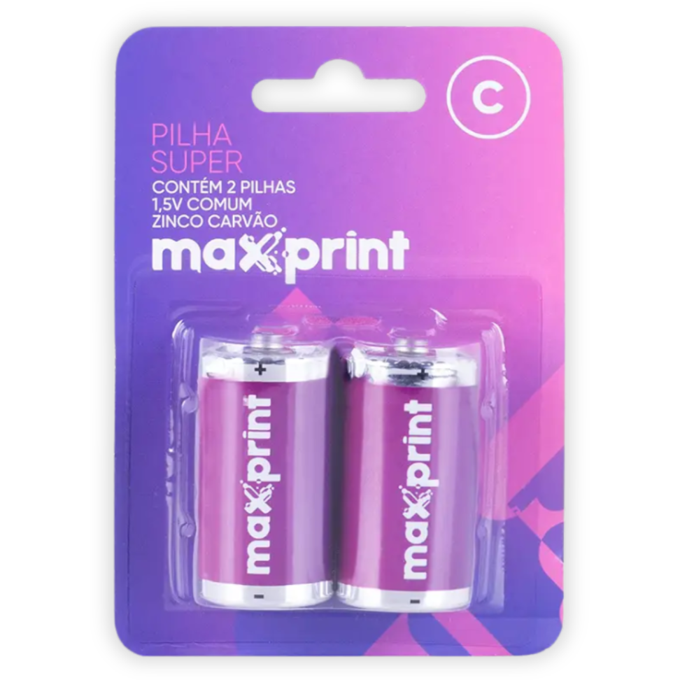 Pilha de Zinco Carvão Super C 1.5V 2 Unidades Maxprint