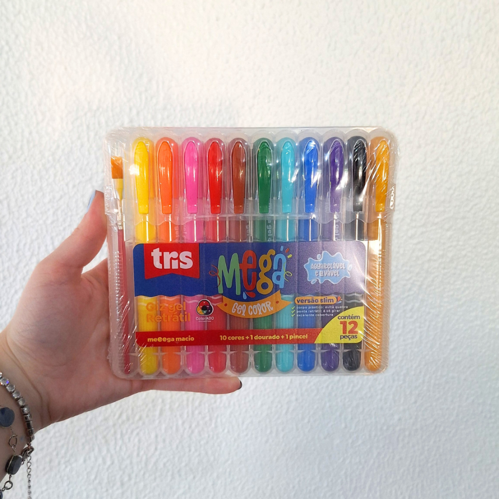 Giz de Cera Retrátil 10 Cores + 1 Dourado + 1 Pincel Gel Color ADD Slim Mega Tris - #3