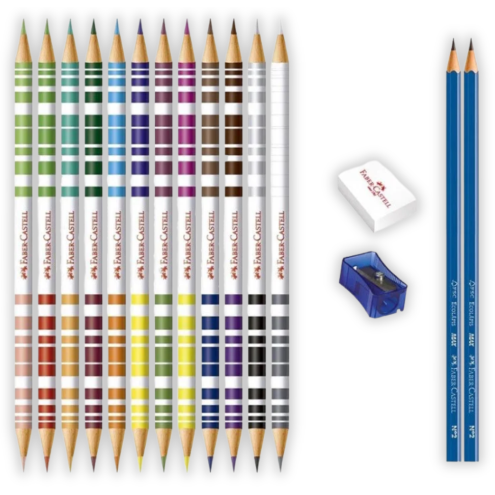 Lápis de Cor Eco 12 Bicolores + 2 Lápis de Escrever + 1 Apontador Simples + 1 Borracha Faber-Castell