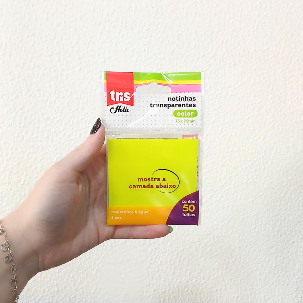 Bloco Notinhas Transparentes 75mm x 75mm Amarelo Neon 50 Folhas Tris