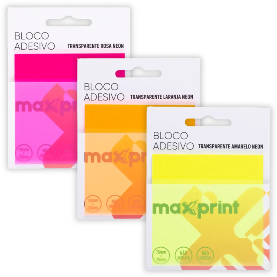 Bloco Adesivo Transparente 76mm x 76mm Neon Maxprint