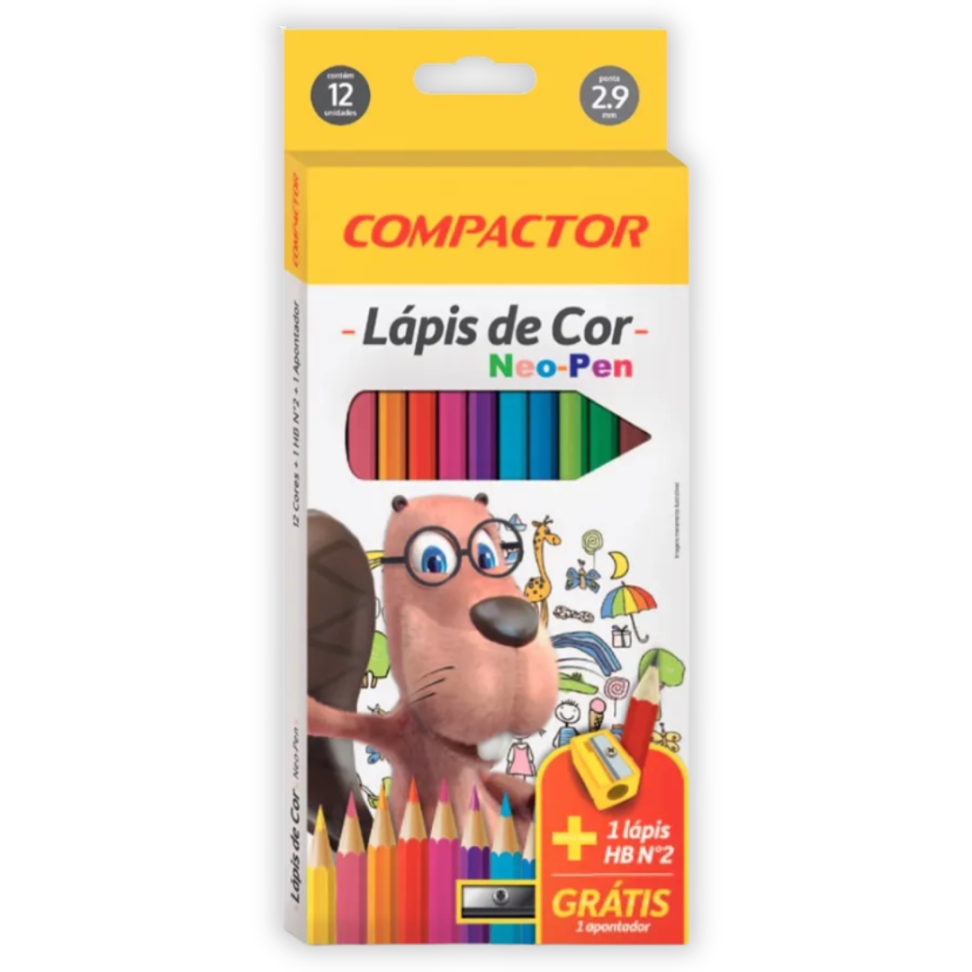 Lápis de Cor 12 Cores + 1 Lápis Grafite + 1 Apontador Simples Neo-Pen Compactor