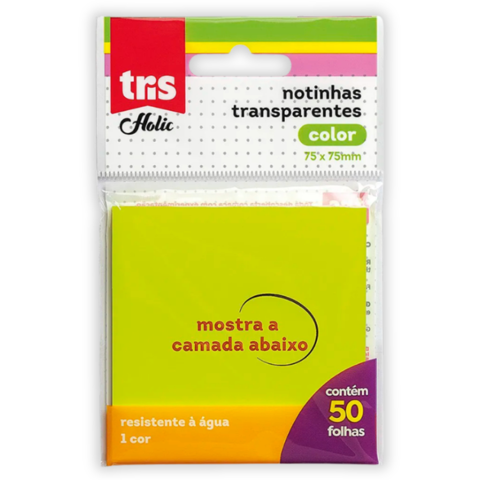 Bloco Notinhas Transparentes 75mm x 75mm Amarelo Neon 50 Folhas Tris