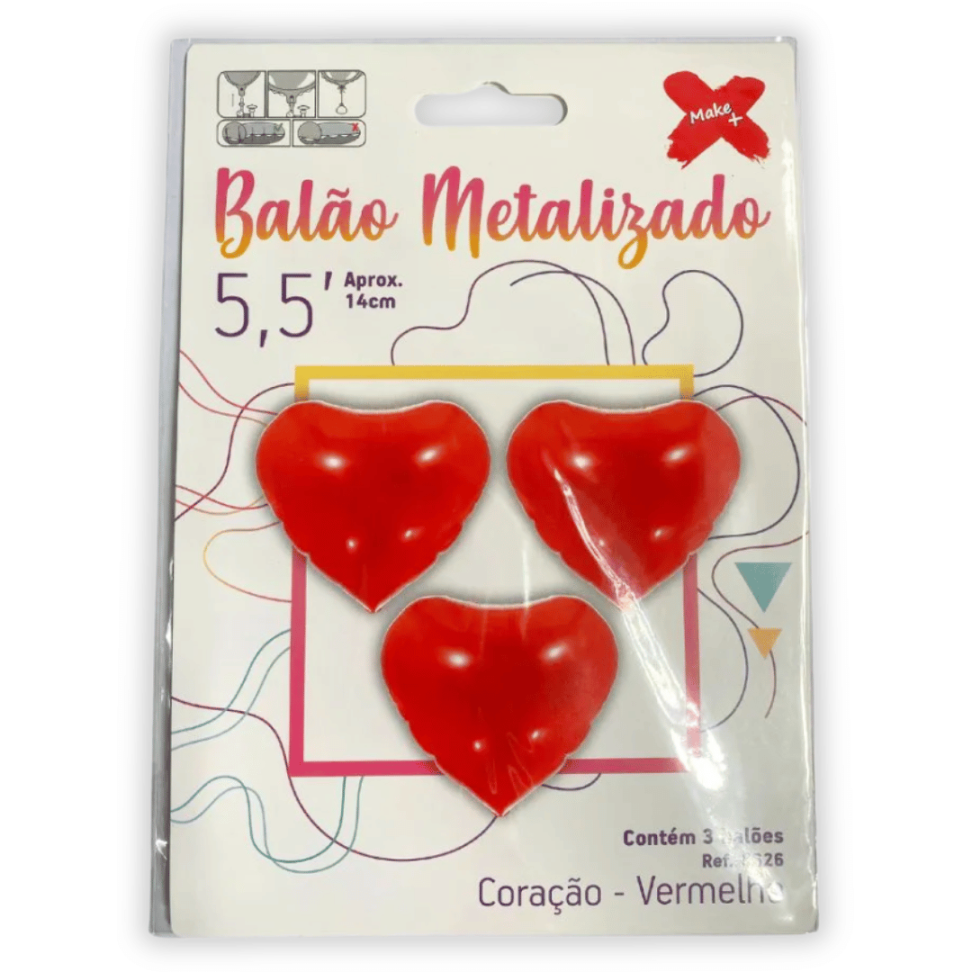 Balão Metalizado 3 Unidades 14cm Coração Vermelho Make+