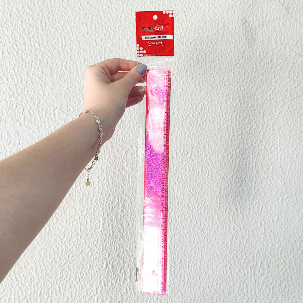 Régua Plástica Holográfica Rosa Glitter 30cm Maxcril - #1