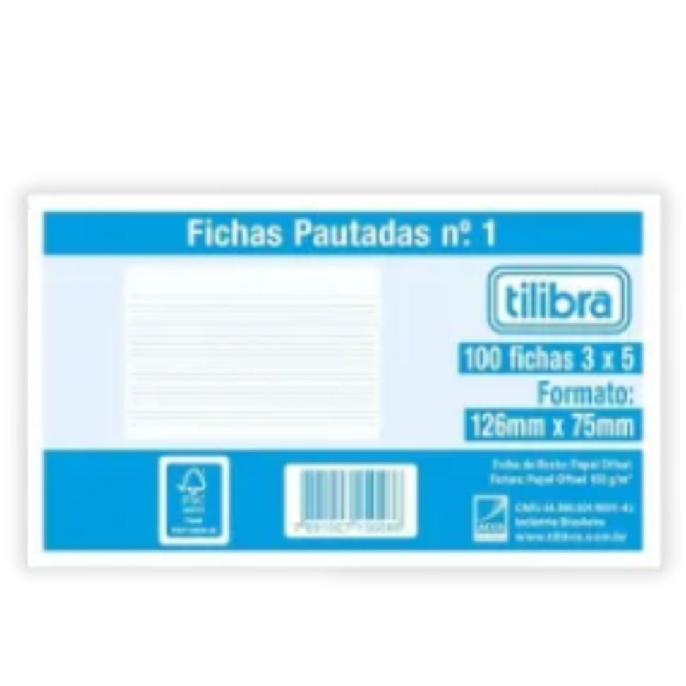 Bloco Fichas Pautadas N.1 126mm x 75mm 3x5 100 Folhas Tilibra