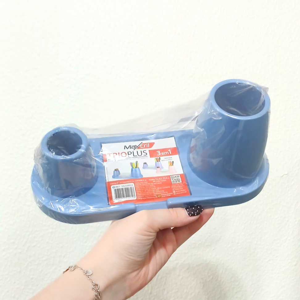 Porta Canetas Acrílico Triplo Plus Azul Pastel Maxcril - #3