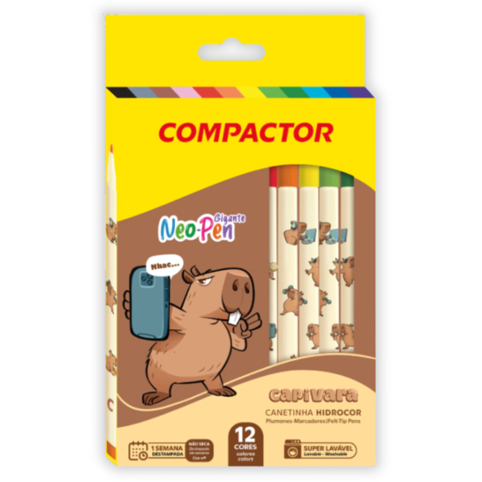 Canetinha Hidrográfica 12 Cores Gigante Neo-Pen Capivara com Cheirinho Compactor