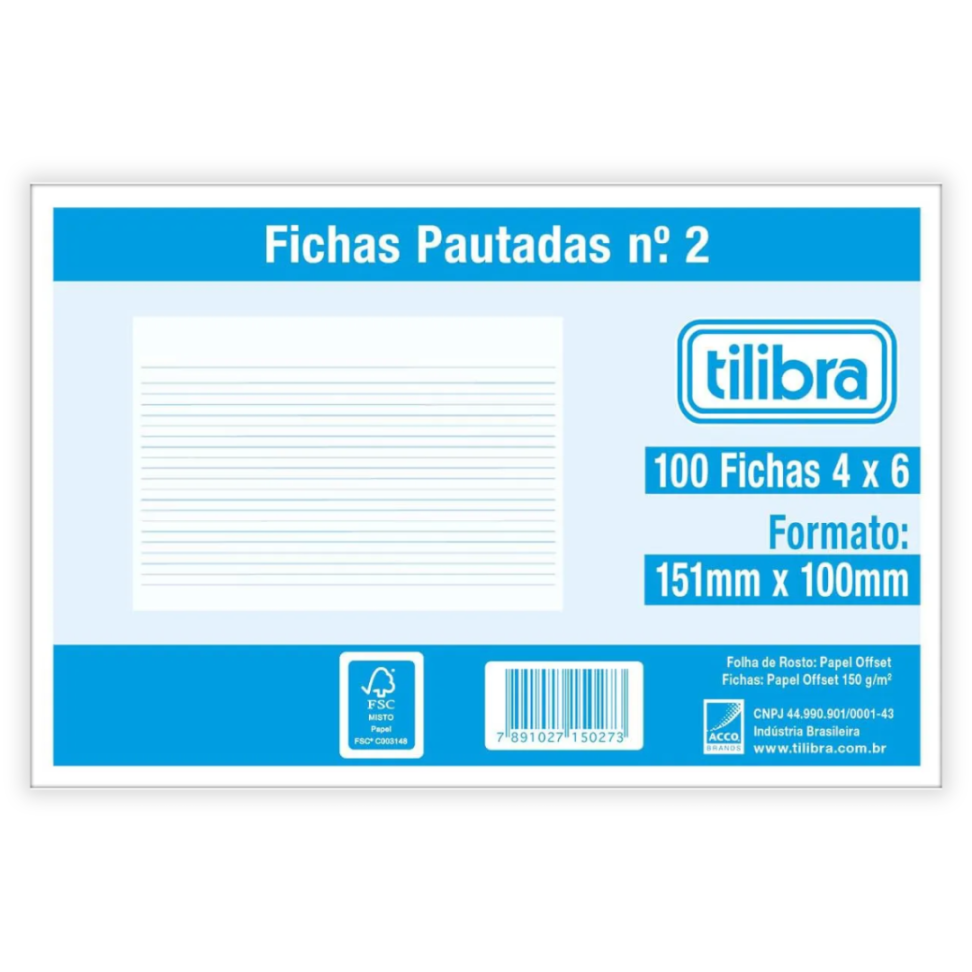 Bloco Fichas Pautadas N.2 151mm x 100mm 4x6 100 Folhas Tilibra