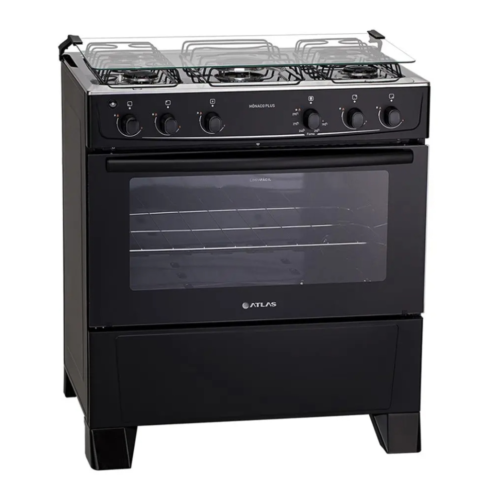 Fogão Atlas 5 Bocas Mônaco Plus com Mesa Inox e Acendimento Automático Preto Bivolt - #1