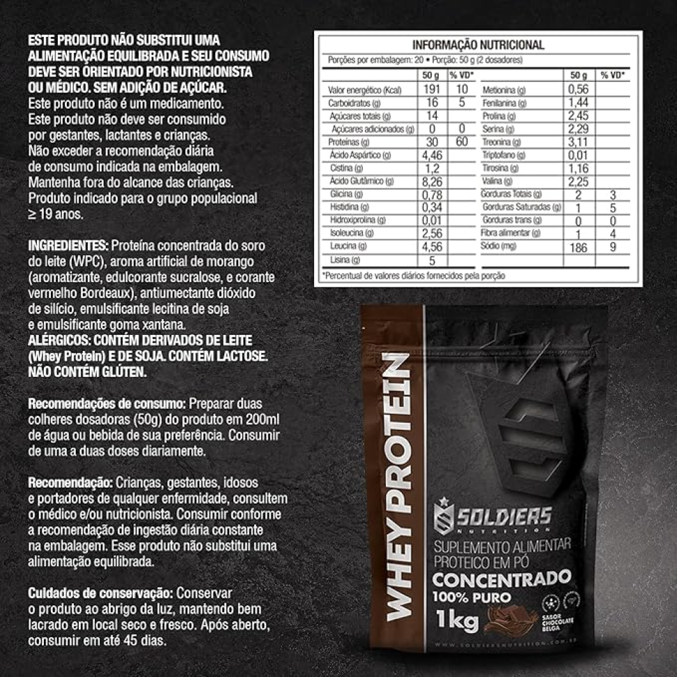 Whey Protein Concentrado 1kg Sabor Chocolate Belga Soldiers Nutrition Rico em Proteína Treino - #6