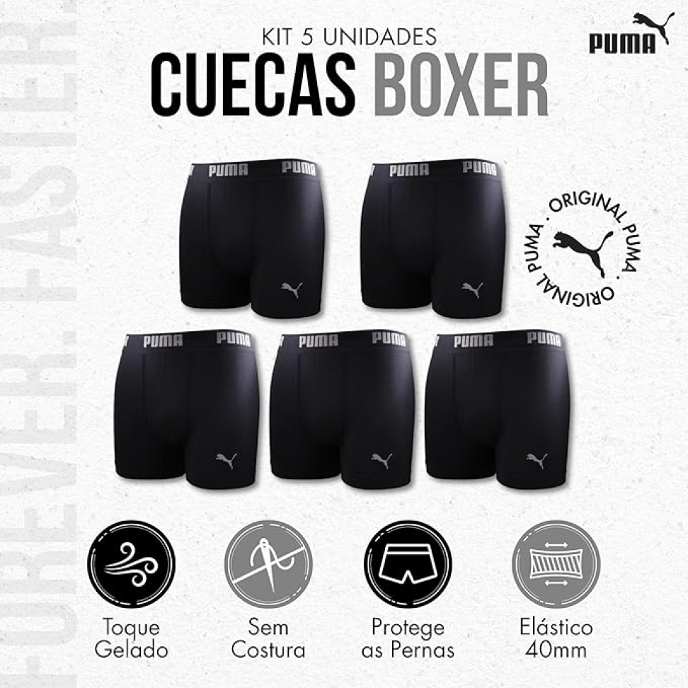 Kit 5 Cuecas Boxer Puma Sem Costura Microfibra Performance Elástico 40MM Masculino Adulto - #1