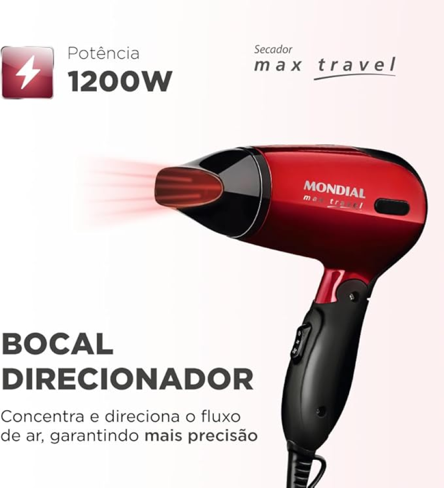 Secador Mondial, Max Travel, Bivolt, Preto/Vermelho, 1200W - SC-10 - #1