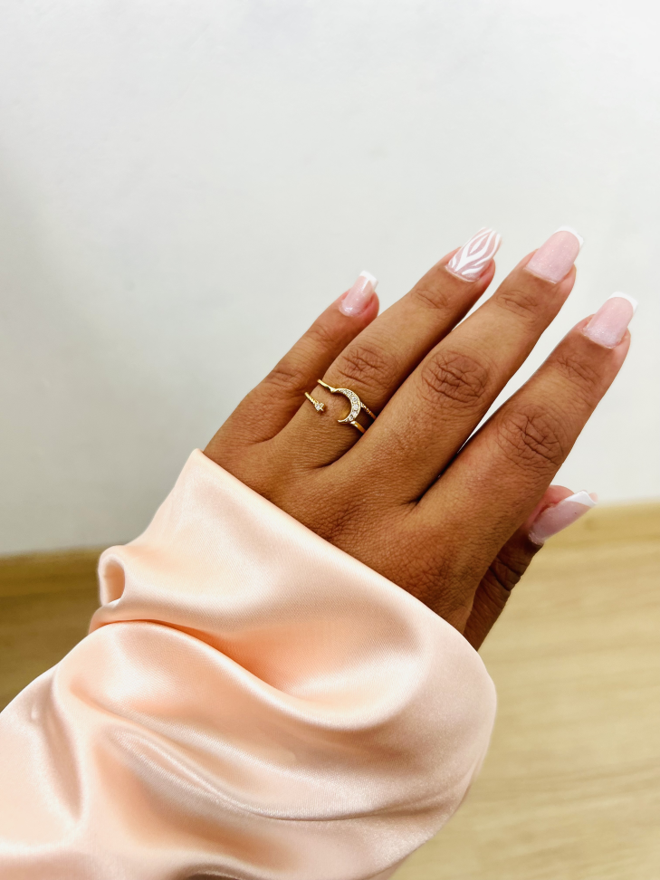 Anel Ajustável Lua e Estrela Cravejada Banhado Ouro 18k (Celestial) - #13