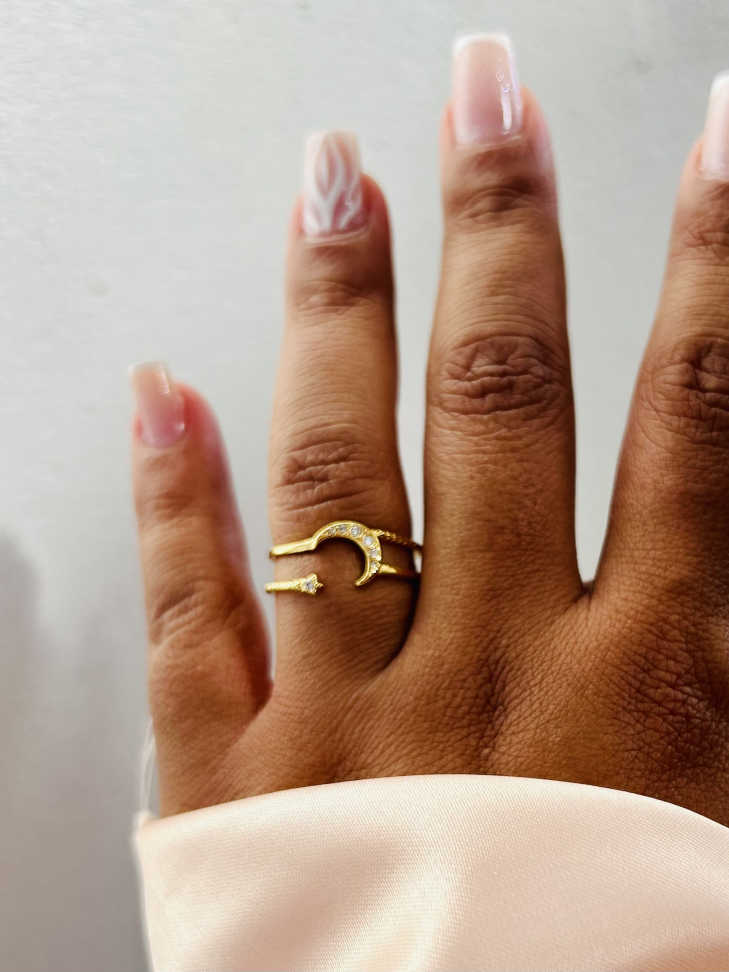 Anel Ajustável Lua e Estrela Cravejada Banhado Ouro 18k (Celestial) - #3