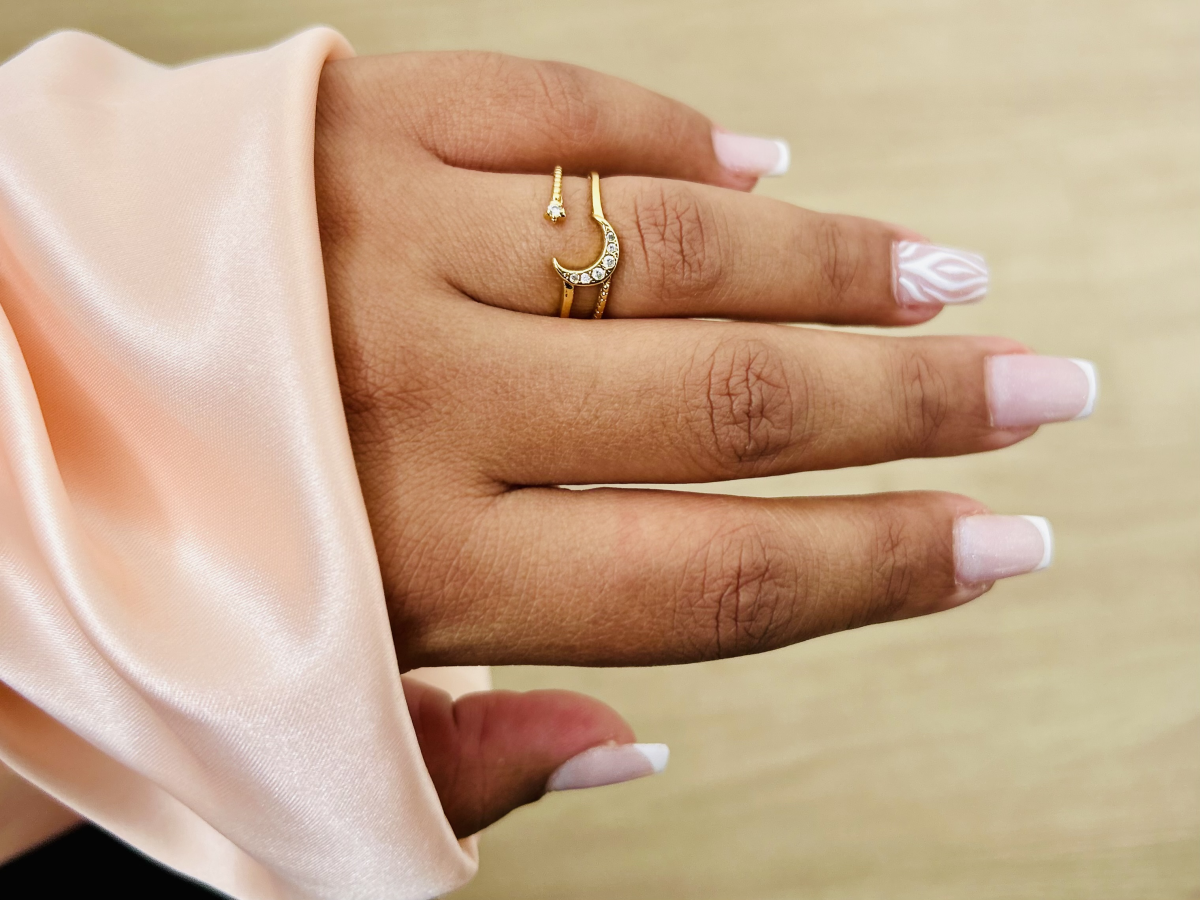 Anel Ajustável Lua e Estrela Cravejada Banhado Ouro 18k (Celestial) - #8