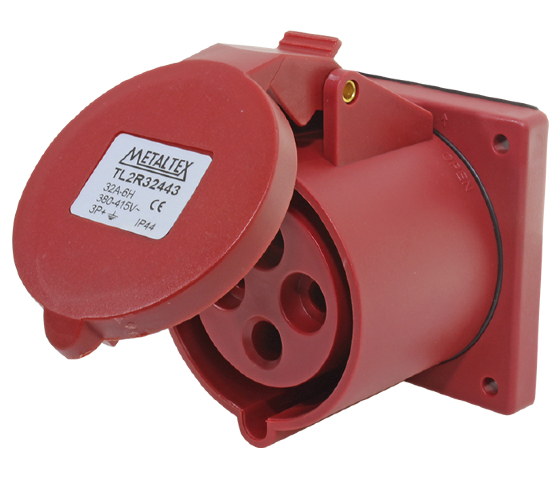 Tomada para Painel Inclinada 2ª Ger 32A 3P+E-6H - Vermelho - IP67 Metaltex Código: TL2I32443