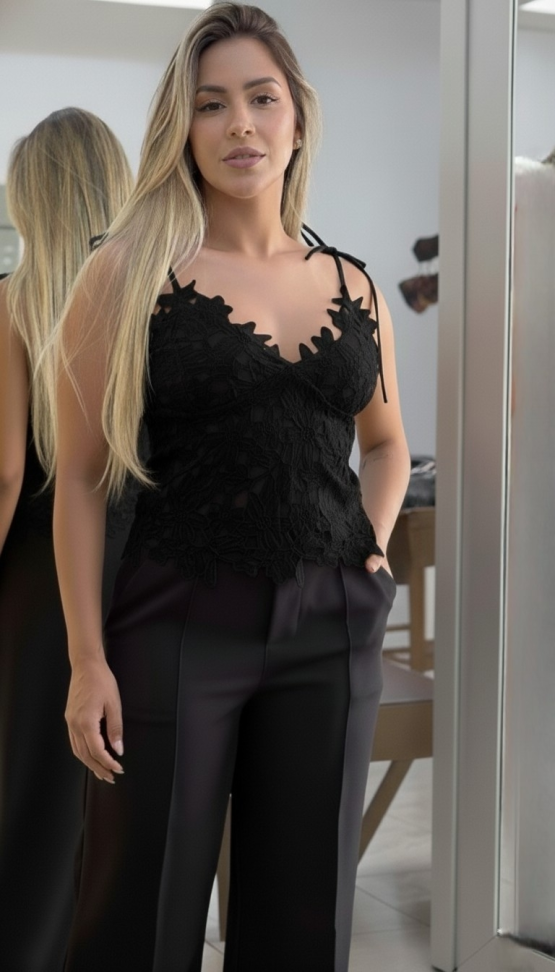 Cropped Sardenha_ P M G _ renda _ Preto _ branco _ amarelo _ blusa - #2