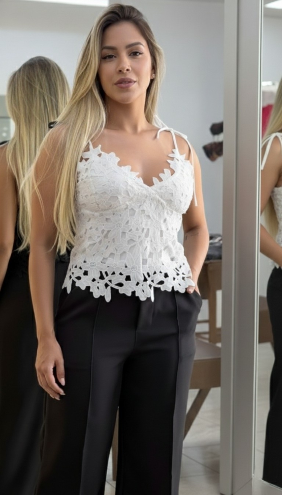 Cropped Sardenha_ P M G _ renda _ Preto _ branco _ amarelo _ blusa - #3