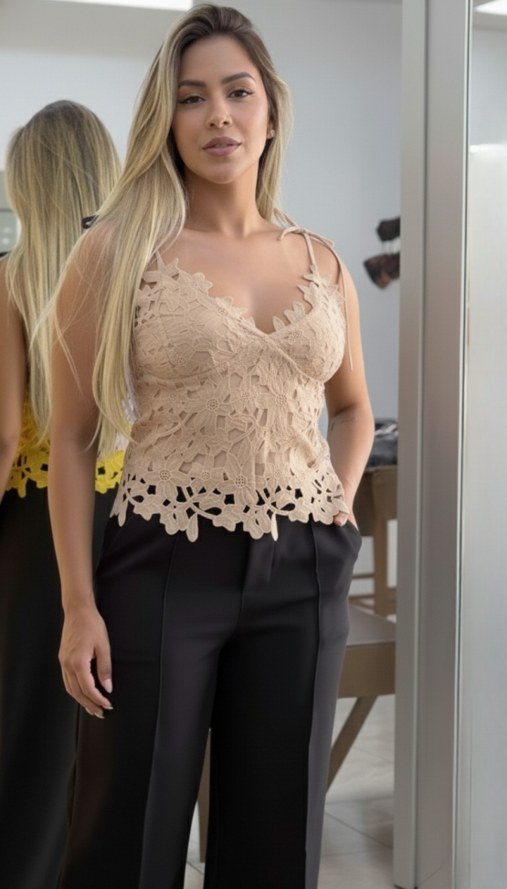 Cropped Sardenha_ P M G _ renda _ Preto _ branco _ amarelo _ blusa - #4