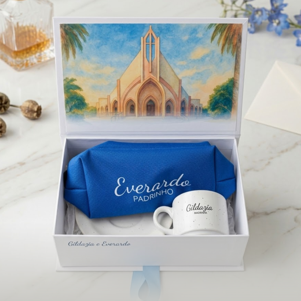 Caixa Convite Padrinhos de Casamento + Necessaire + Xícara com Pires