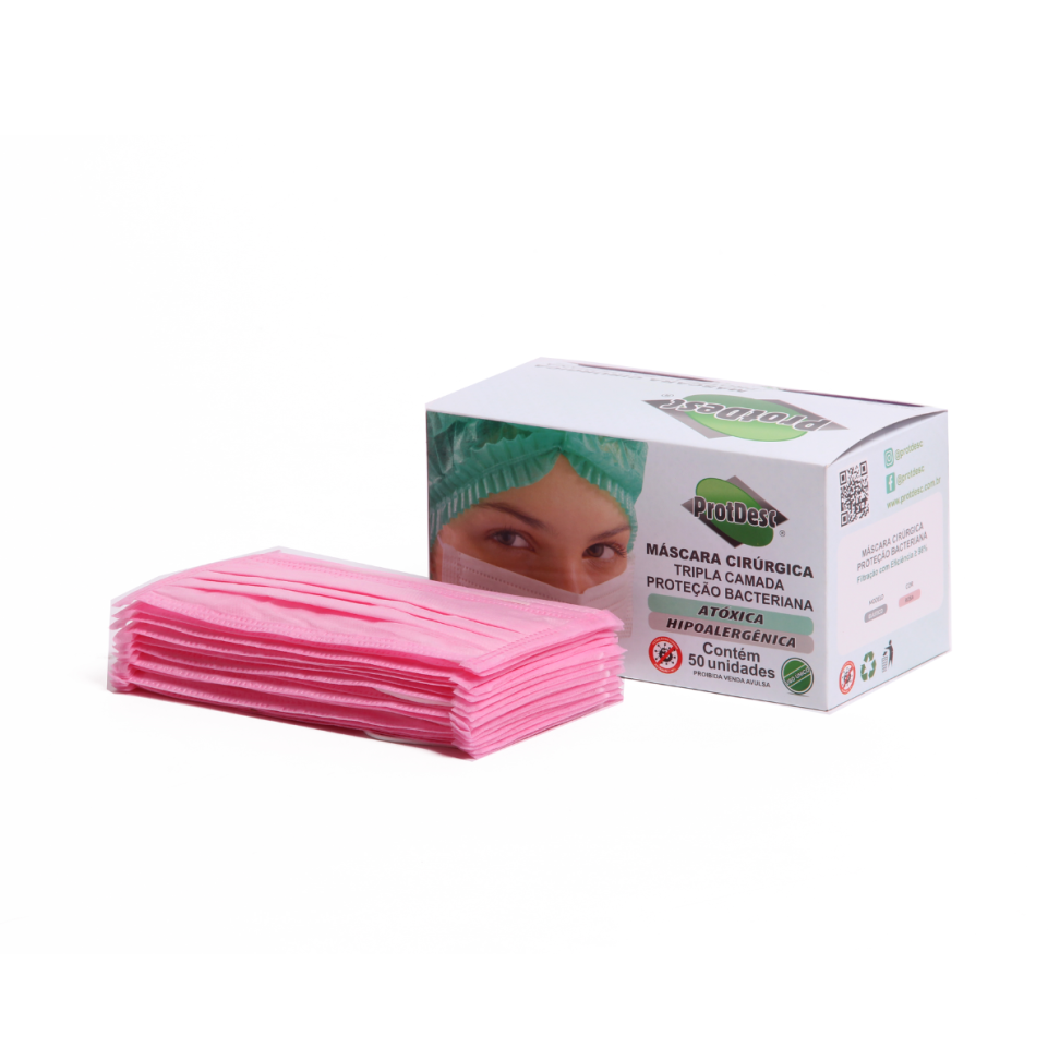 Máscara Tripla com Elástico Rosa Bebê ProtDesc - Caixa com 50 Unidades - #3
