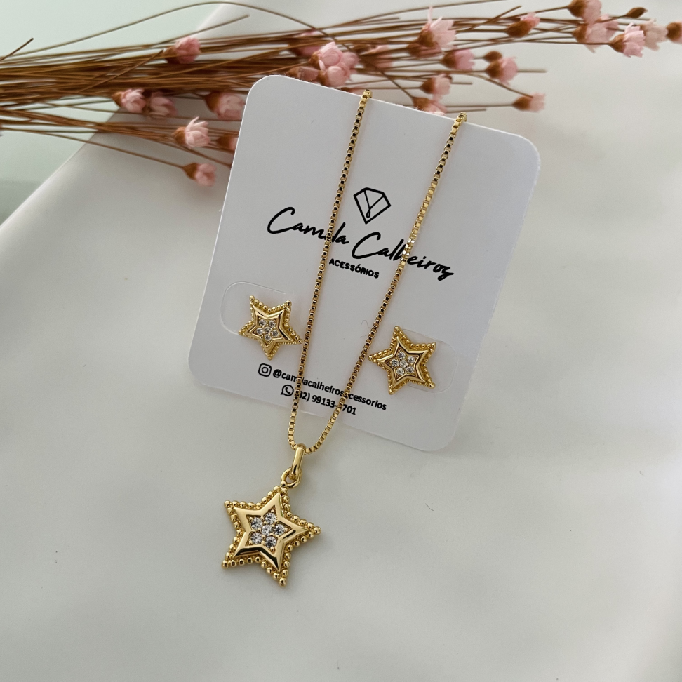 Conjunto Estrela Cravejada c/Zirconias - Semijoia
