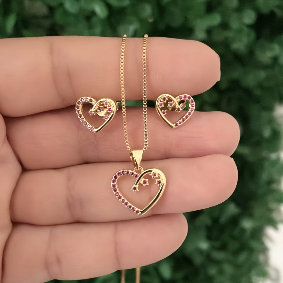 Conjunto Coração c/detalhes zirconia Rosa - Semijoia