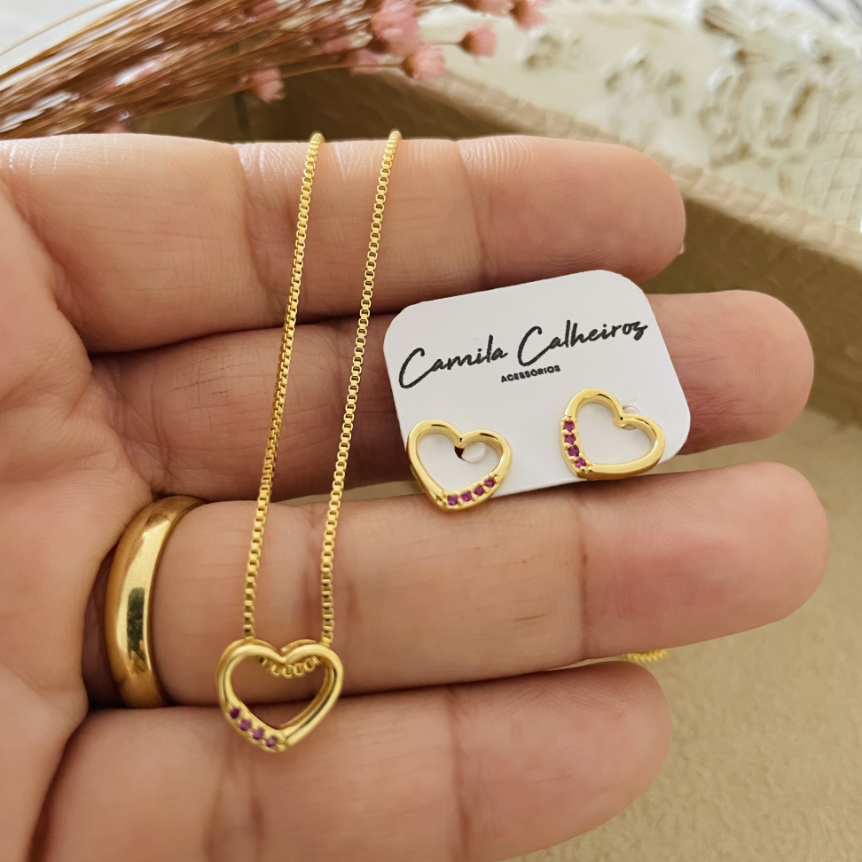 Conjunto Coração Vazado Delicado - Semijoia