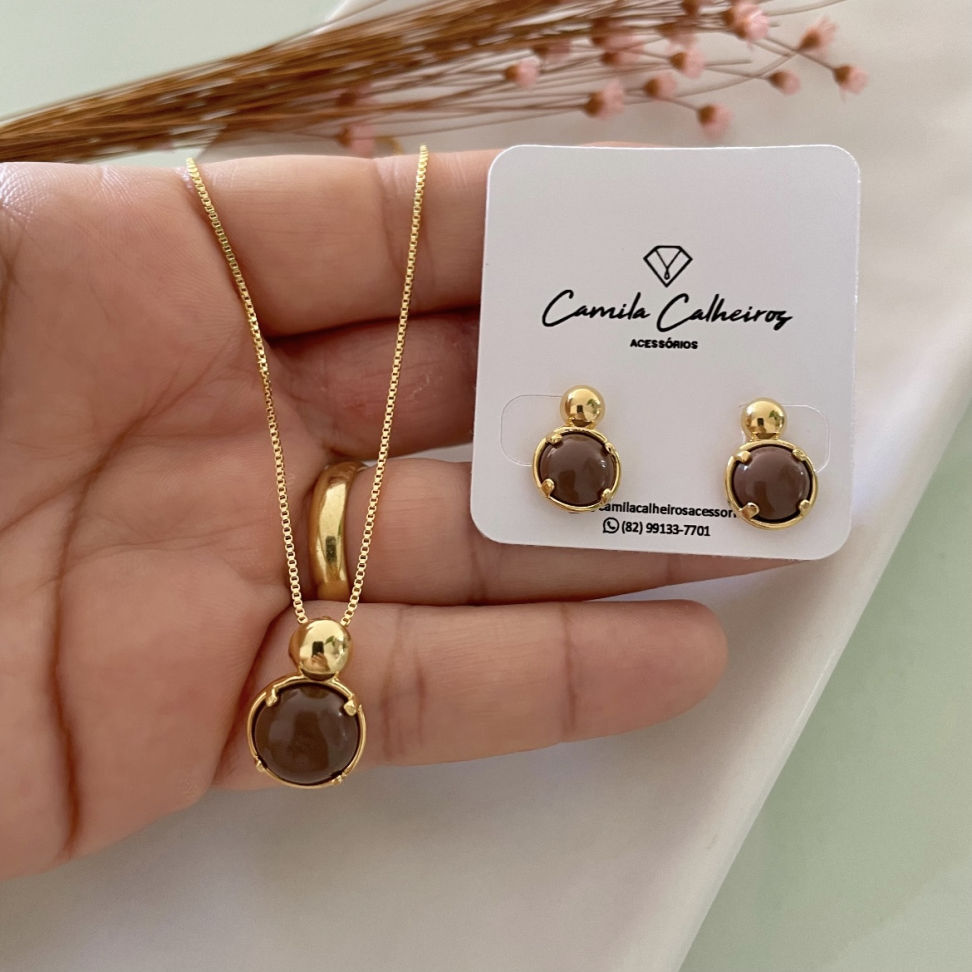 Conjunto Meia Esfera Dourada e Marrom - Semijoia