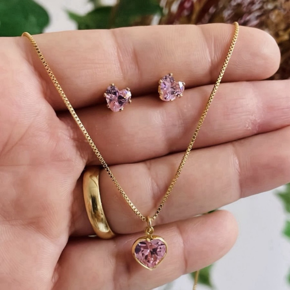 Conjunto Delicato Zirconia Rosa - Semijoia