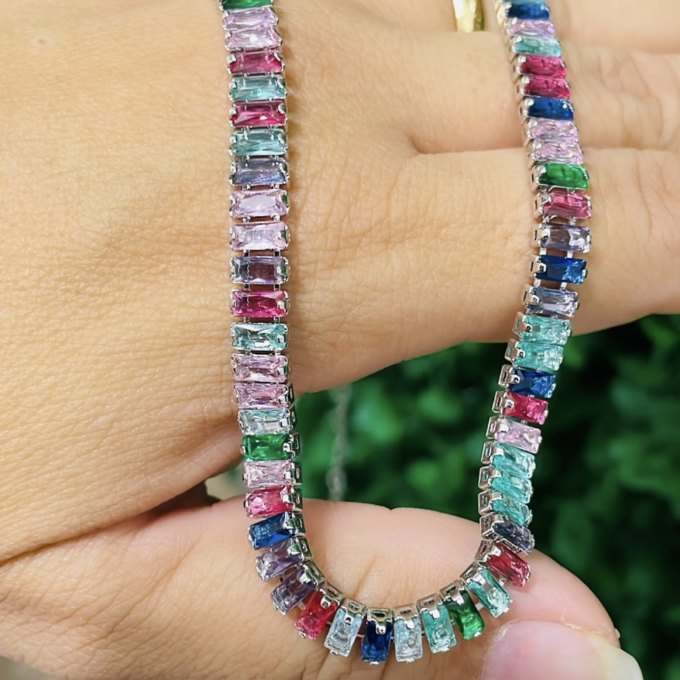 Colar Riviera em Baguetes Coloridas (Ródio Branco)