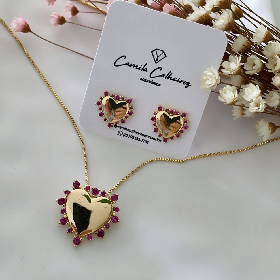 Conjunto Coração Liso c/Laterais cravejadas Rosa - Semijoia