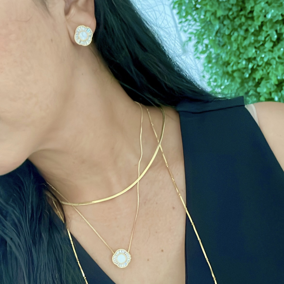 Conjunto Madrepérola com Cristais Baguetes - semijoia