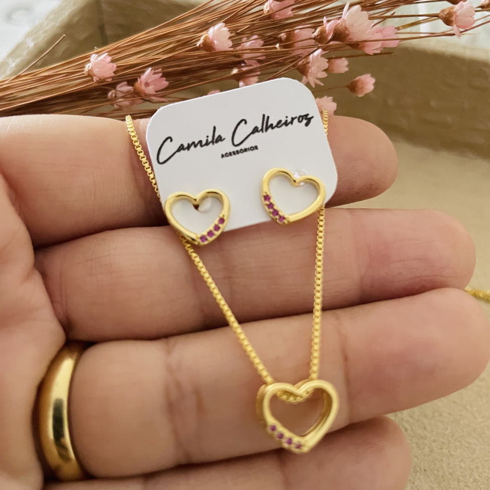 Conjunto Coração Vazado Delicado - Semijoia