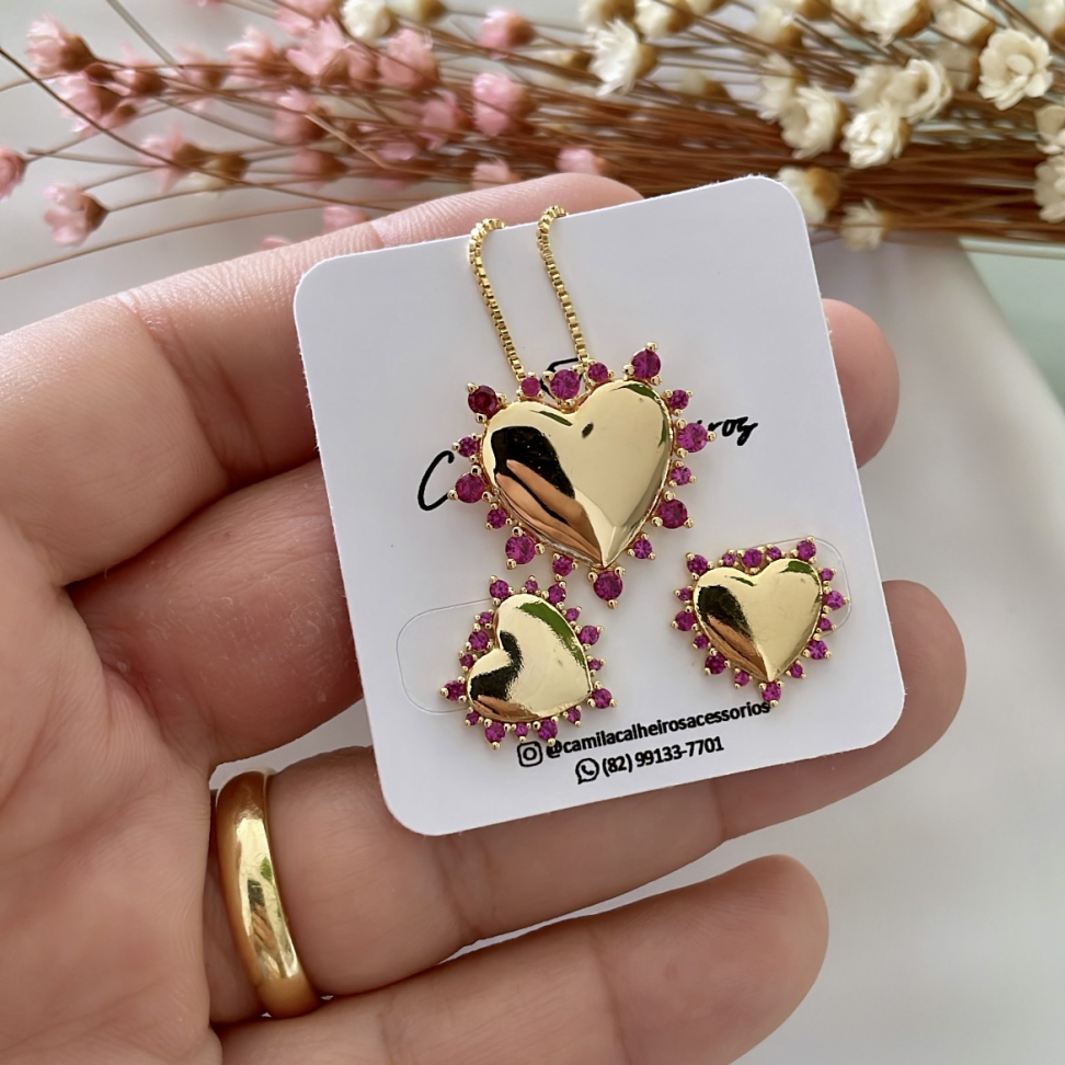 Conjunto Coração Liso c/Laterais cravejadas Rosa - Semijoia