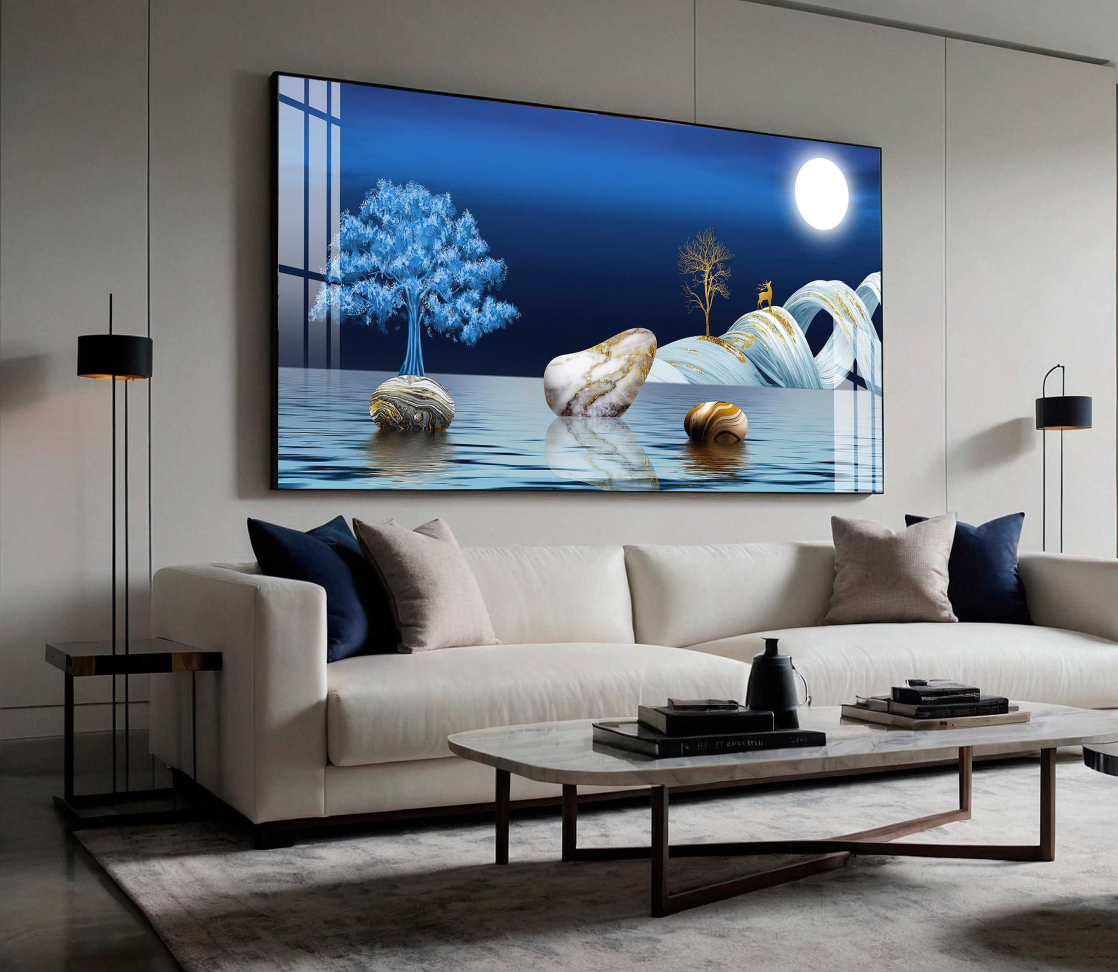 QUADRO ILUSTRAÇÃO DE PAISAGEM  MODERNA EM TONS AZUIS - #3