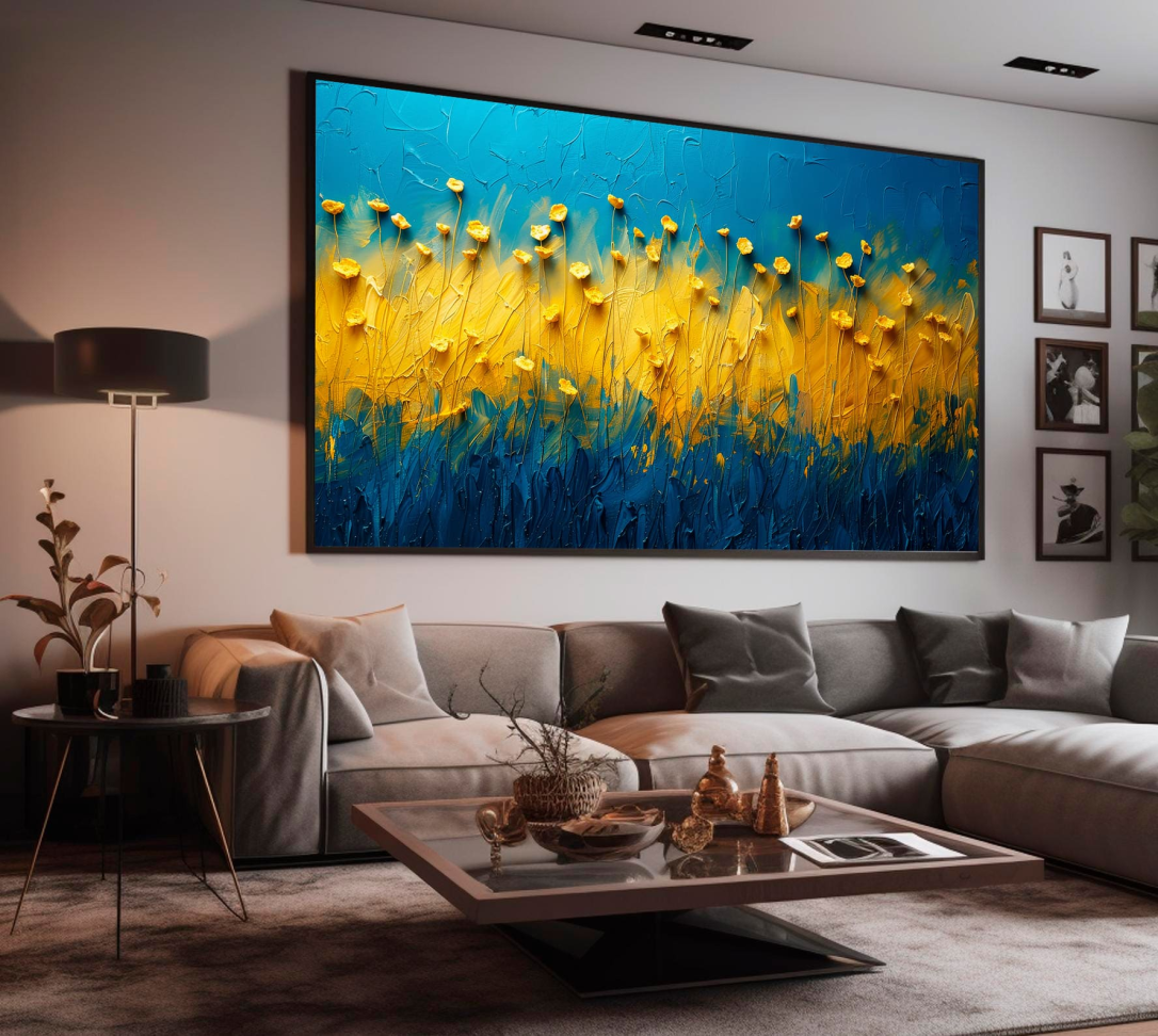 QUADRO ARTE PINTURA ABSTATO AZUL COM PETALAS AMARELAS - #2